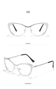 Vista frontale e laterale di occhiali cat-eye vintage in metallo argento anti-luce blu