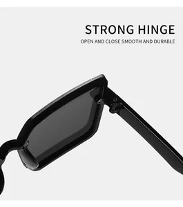 Detail showing the strong hinge of square black sunglasses for smooth open and close