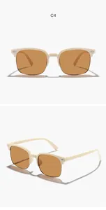 Front and side views of children's beige half-frame sunglasses with orange lenses