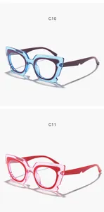 Close-up detail of blue and pink cat-eye fashion frames with model codes C10 and C11