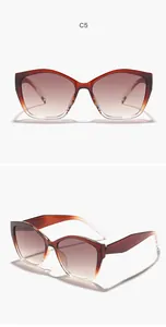 Detailopnames van de voor- en zijkant van een bruine cat-eye zonnebril met gradiënt