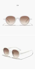 Detailed views of white round frame sunglasses with brown gradient lenses for UV protection