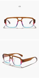 Detailed views of gradient amber and blue double-bridge aviator style eyeglasses.