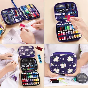 Detailed views of floral sewing kit with thread spools and tools for home mending