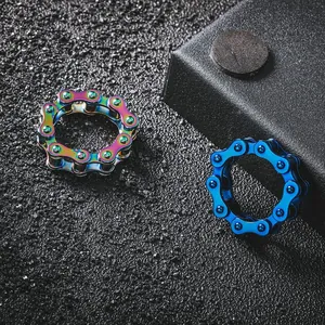 Trendy hip-hop style bicycle chain titanium steel ring set in rainbow and deep blue finish
