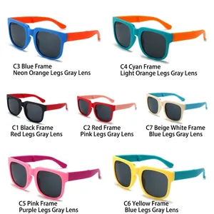 Colorful children's folding sunglasses in seven vibrant multi-color combinations.