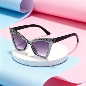 Trendy children's glitter rhinestone cat-eye sunglasses with gradient purple lenses