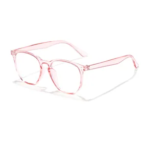 Side profile detail of pink transparent retro blue light blocking glasses