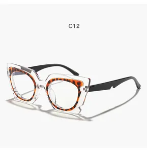 Close-up view of oversized cat-eye glasses featuring transparent frame and leopard print