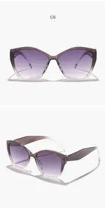 Gedetailleerde weergave van cat-eye zonnebril met paarse gradiënt lenzen en grijs frame