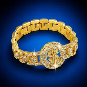 Bracciale da Uomo Hip Hop in Lega con Strass Segno del Dollaro Rotante Catena a Maglia Cubana Gioielli alla Moda