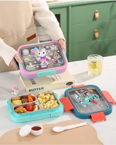 Cartoon stainless steel lunch box with multiple compartments and cute dinosaur print