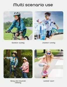 Children's sports sunglasses shown in outdoor cycling, running, and skating scenarios.
