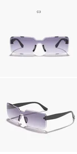 Detailed front and side views of rimless rectangular sunglasses with purple gradient lenses.