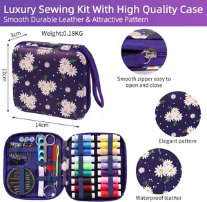 Close-up detail of luxury purple daisy sewing kit showing zipper and waterproof leather
