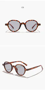 Detailed view of round tortoise shell sunglasses with light gray lenses from two angles.
