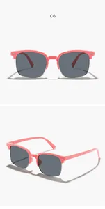 Detailed views of pink children's square semi-rimless sunglasses
