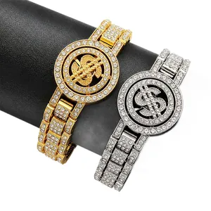 Bracciale hip hop di lusso per uomo con segno del dollaro rotante e strass in oro e argento