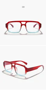 Detail view of red to blue gradient double bridge square glasses frames for men and women