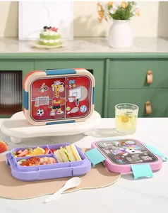 Cute cartoon partitioned stainless steel bento boxes presented in a lifestyle home setting