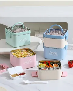 Multi-color portable stainless steel square bento lunch boxes with handles and lids.