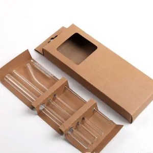 Reusable transparent borosilicate glass straw set with cleaning brush in kraft box