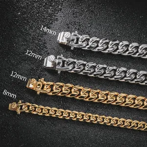 Hip hop titanium staal Cubaanse schakelkettingen in goud en zilver, 8 mm tot 14 mm