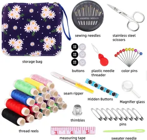 Complete home sewing kit with thread reels, needles, scissors, and storage bag.