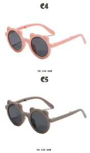 Side view of cute foldable bear-ear sunglasses for kids in pink and khaki brown colors