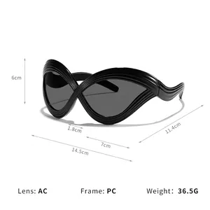Futuristische schwarze Oversize-Cateye-Sonnenbrille mit einzigartigem geschwungenem Rahmen