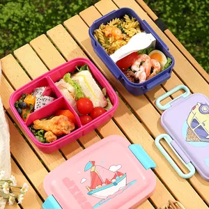 Caja bento de plástico con 3 compartimentos y dibujos animados para picnic al aire libre