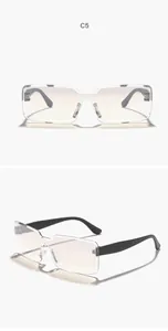 Detailed view of C5 retro rimless rectangular sunglasses in light gradient tint