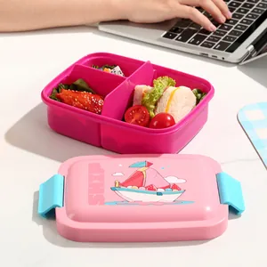 Fiambrera bento rosa de 3 compartimentos apta para microondas con tapa de dibujos