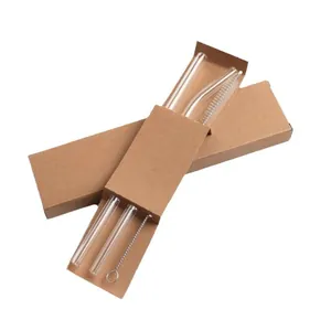 Eco-friendly reusable clear borosilicate glass straw set with cleaning brush in kraft box