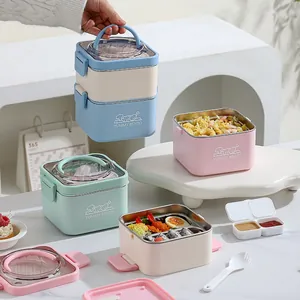 Portable Square 304 Stainless Steel Lunch Box With Folding Handle Double Layer Bento Box For Office Workers And Students Daily Meals