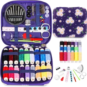 Comprehensive sewing kit in a purple daisy case with colorful thread and tools.