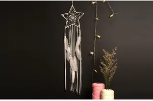 Handmade white star dreamcatcher with natural feathers for bohemian room wall hanging decor