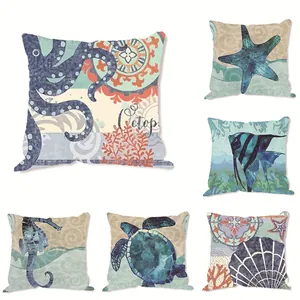 Ocean Theme Cushion Cover Linen Material Marine Life Octopus Turtle Seahorse Pattern Square Pillowcase Only Without Insert