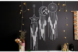 Bohemian style white feather dreamcatcher set hanging on a dark wall with lights