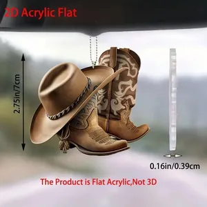 Ornement suspendu de voiture en acrylique plat 2D avec botte et chapeau de cow-boy
