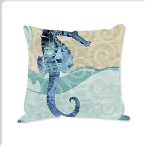 Blue oceanic seahorse art print throw pillow cover made of textured linen material