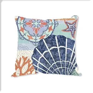 Blue ocean theme linen throw pillow cover with seashell and starfish pattern