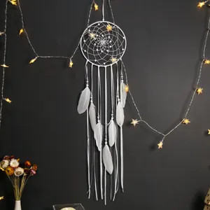 Handmade white feather dreamcatcher with star lights for bohemian room wall decor