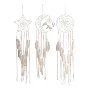 Set of three Bohemian handmade dreamcatchers featuring star moon and circle shapes with feathers