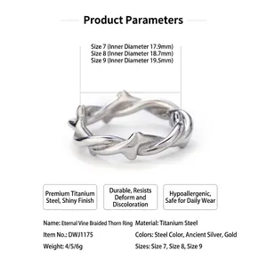 Minimalistischer Dornenreben-Ring aus Titanstahl für Herren, Hip-Hop-Schmuck, Silberfinish