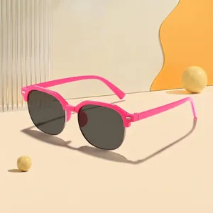 Children's vibrant pink semi-rimless square sunglasses for outdoor UV protection