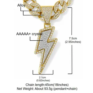 Detail showing dimensions and material of iced out lightning pendant necklace