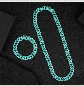 Turquoise matte Cuban link chain necklace and matching bracelet set in candy color style
