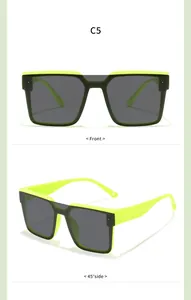 Detailed front and side views of children's square sunglasses in neon green and black.