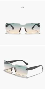 Retro rectangle rimless sunglasses with blue-to-peach gradient unibody lenses detail